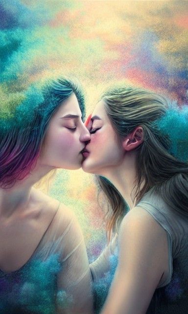 Delicate First Kiss Between Female Lovers