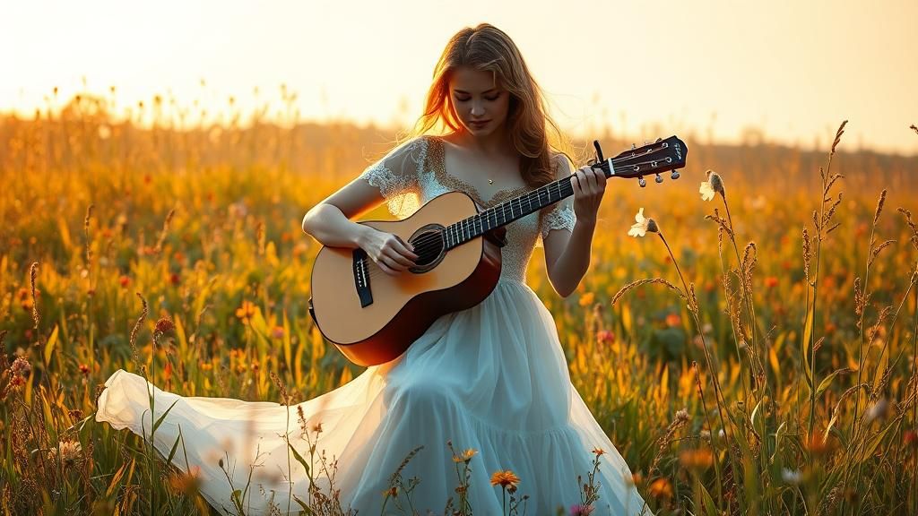 Woman Playing Guitar in Meadow, Impressionistic Style