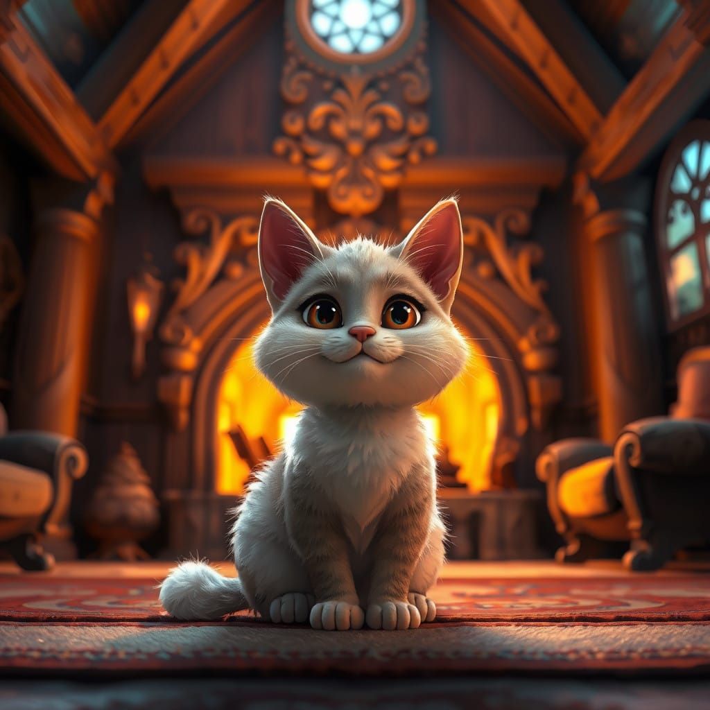Cozy Cat in Warm Fireplace Scene