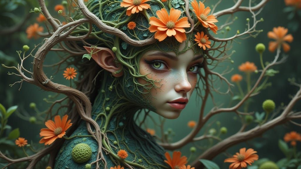 Ethereal Forest Goddess in Whimsical Floral Style
