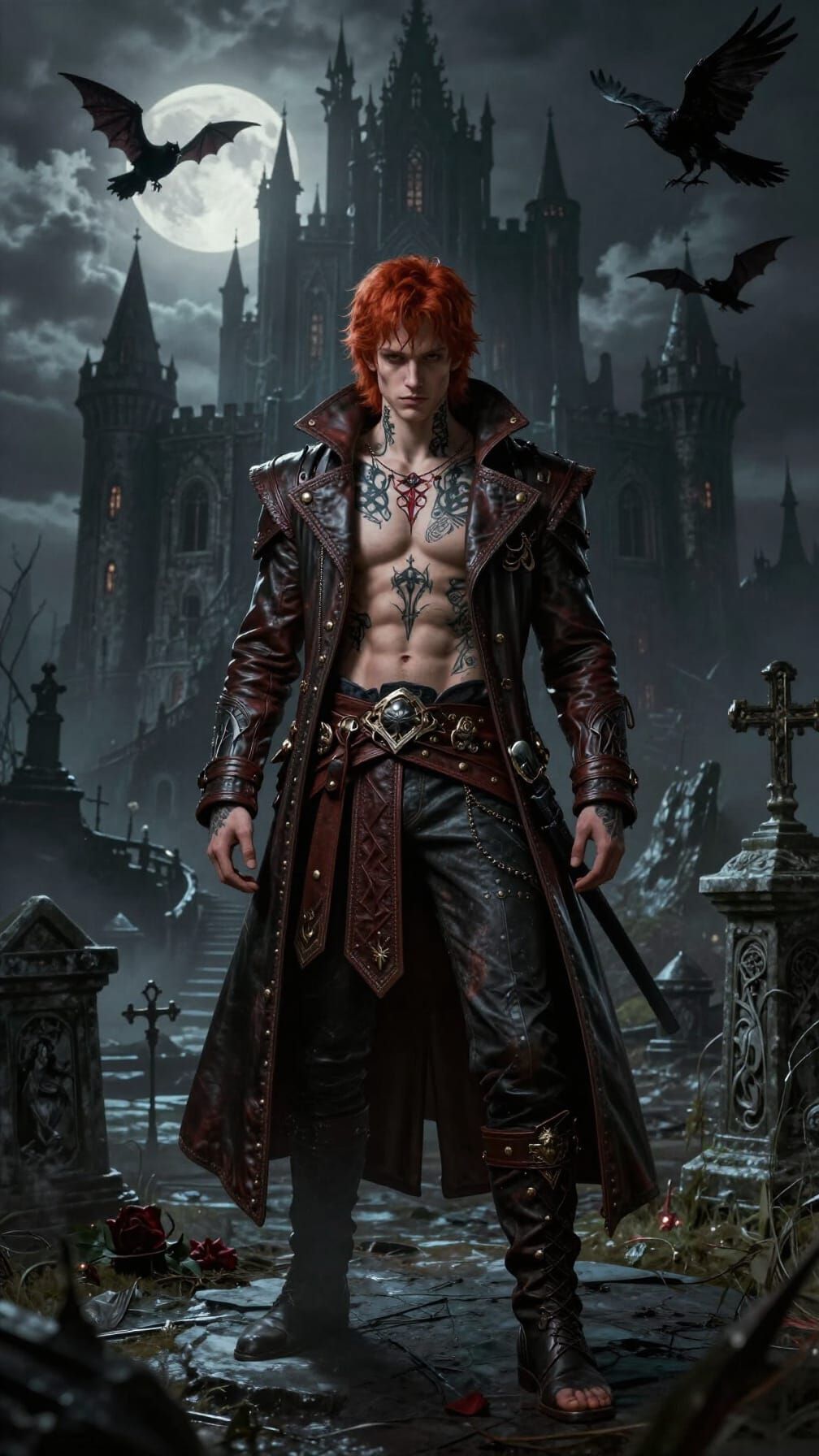 Gothic Man in Sinister Castle Graveyard