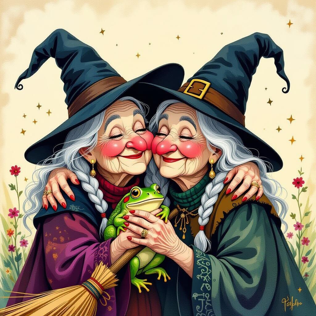Whimsical Witch Grandmothers Hugging on Love Day