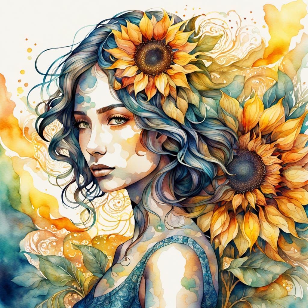 Watercolor Portrait of Woman with Sunflower in Zentangle Sty...