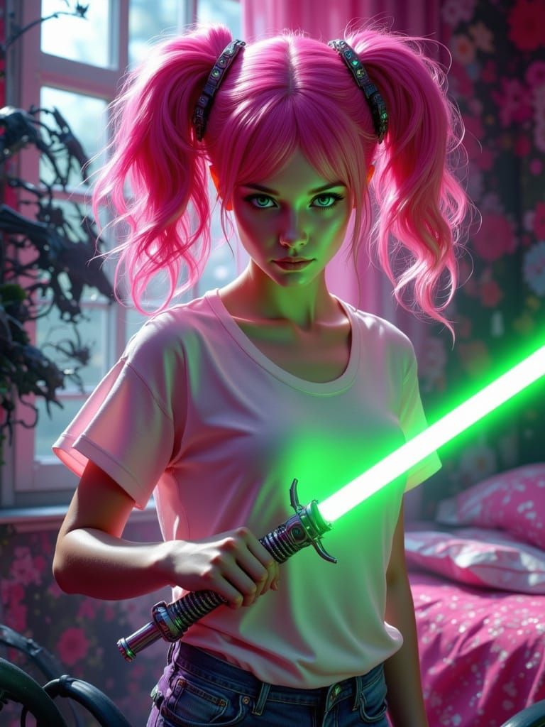 Anime Concept Art: Pink Haired Woman Defends Bedroom With Li...