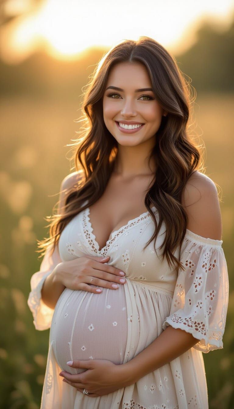 Joyful Pregnant Woman in Golden Hour Light