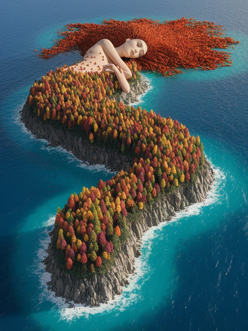 Surreal Fantasy Island Shaped Like Sleeping Woman