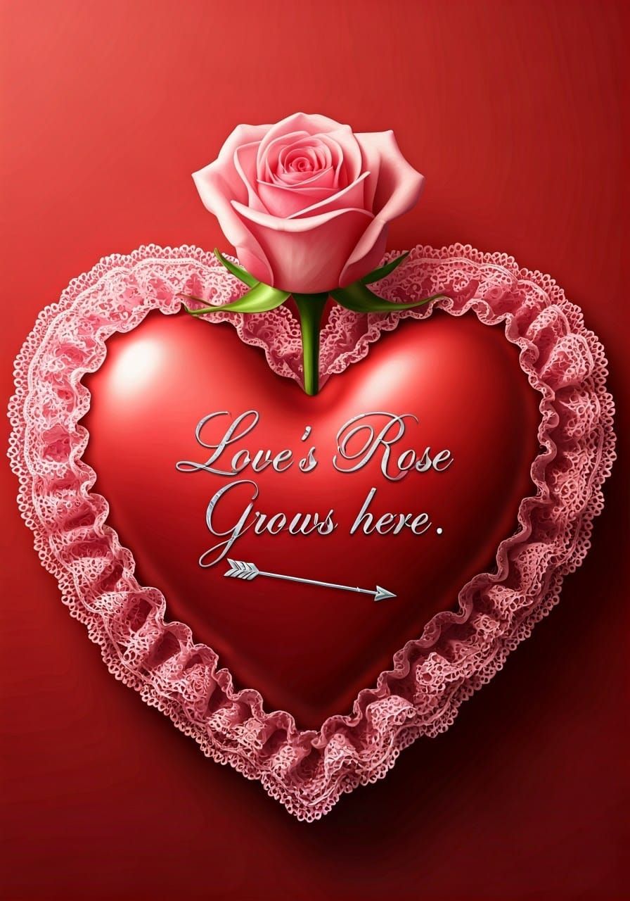 Vintage Romance Heart with Pink Rose and Shiny Silver Script