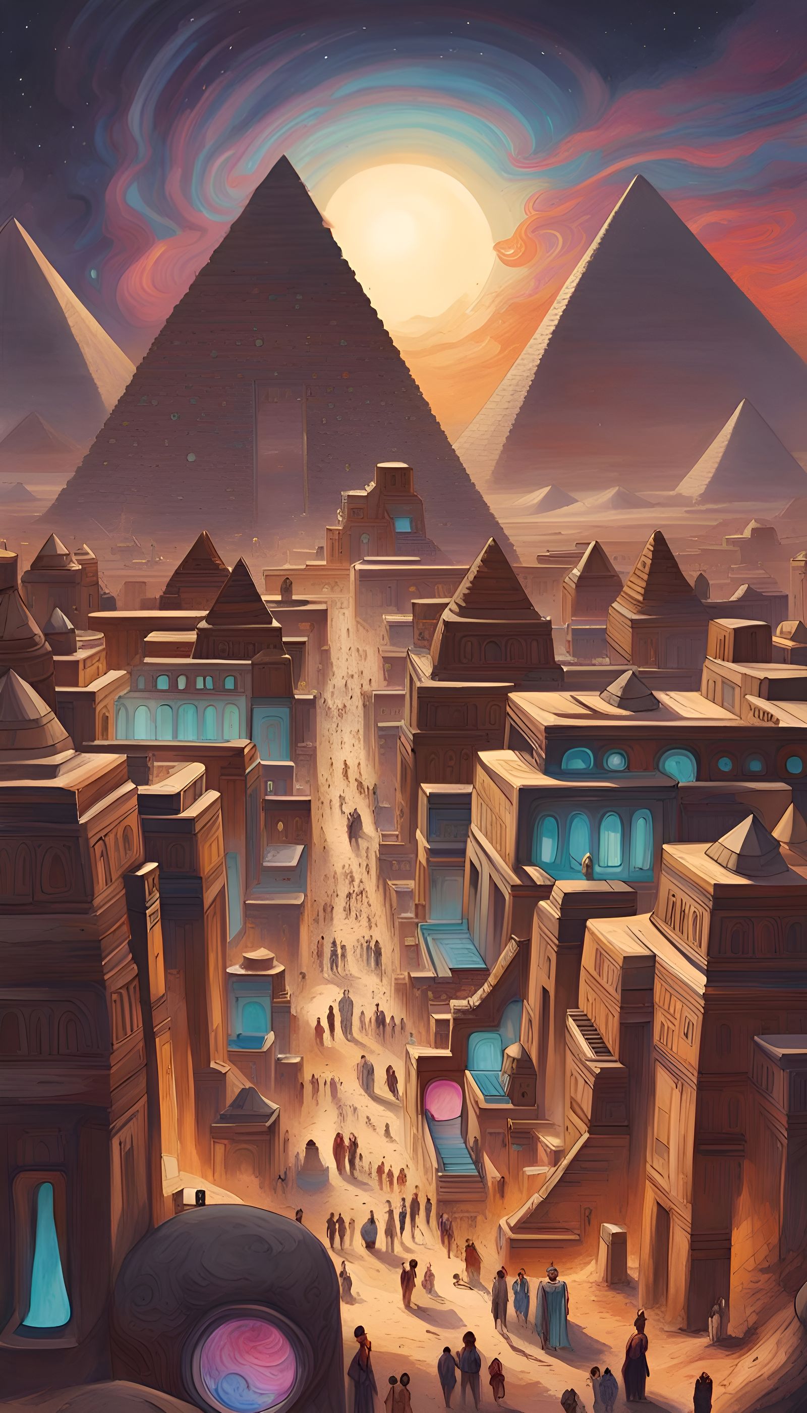 Futuristic Egyptian City and Pyramids in Gouache Style