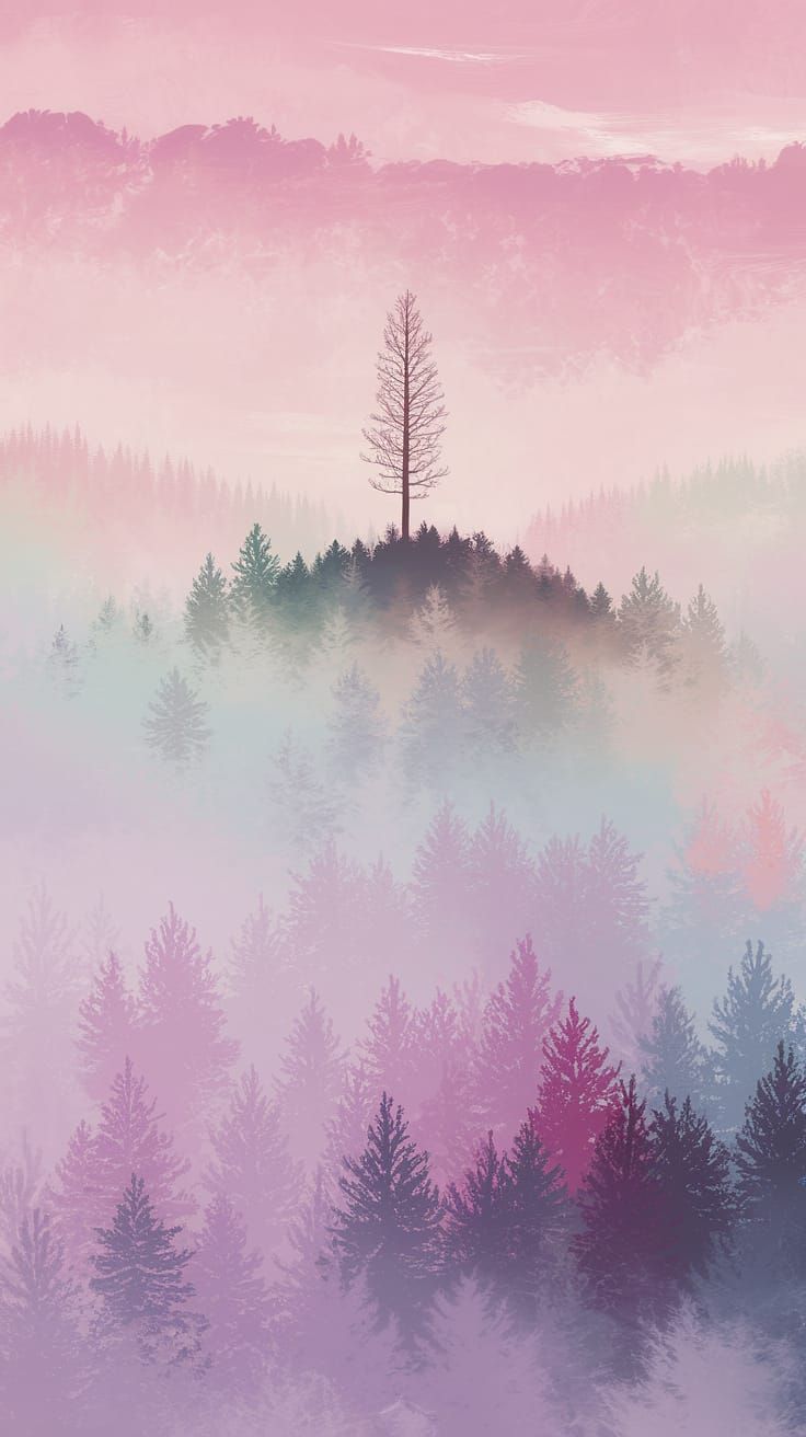 Pastel Tree on Foggy Hill, Digital Art
