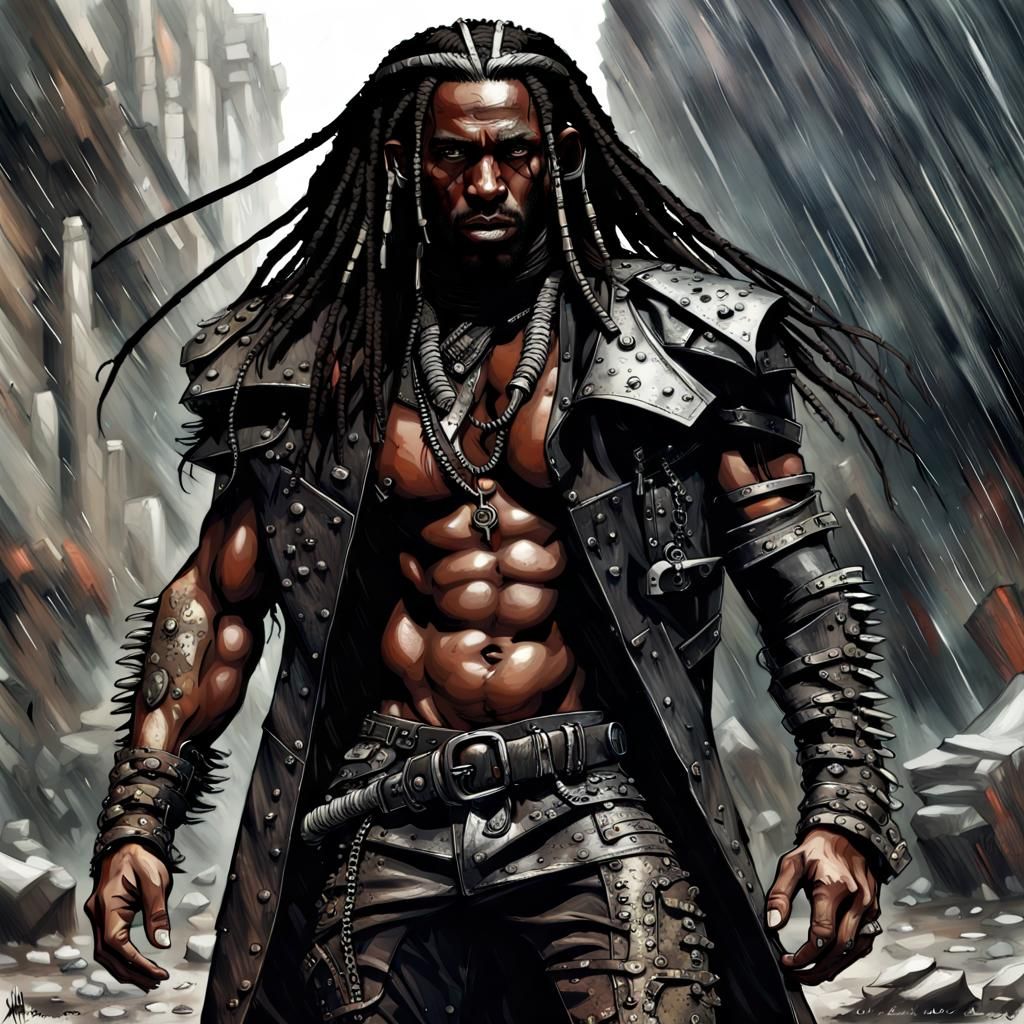 Futuristic Gothic Barbarian Warrior in Ruined Paris