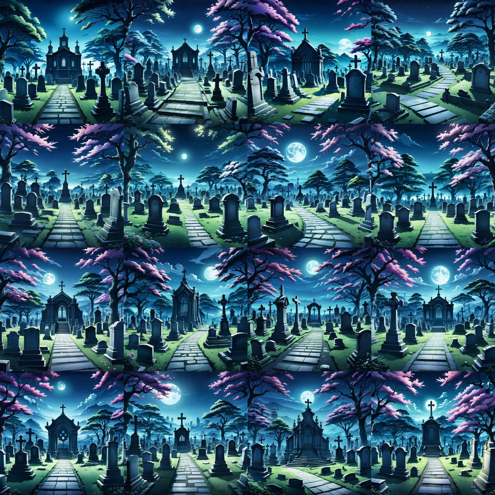 Anime Graveyard at Night in Studio Trigger Style