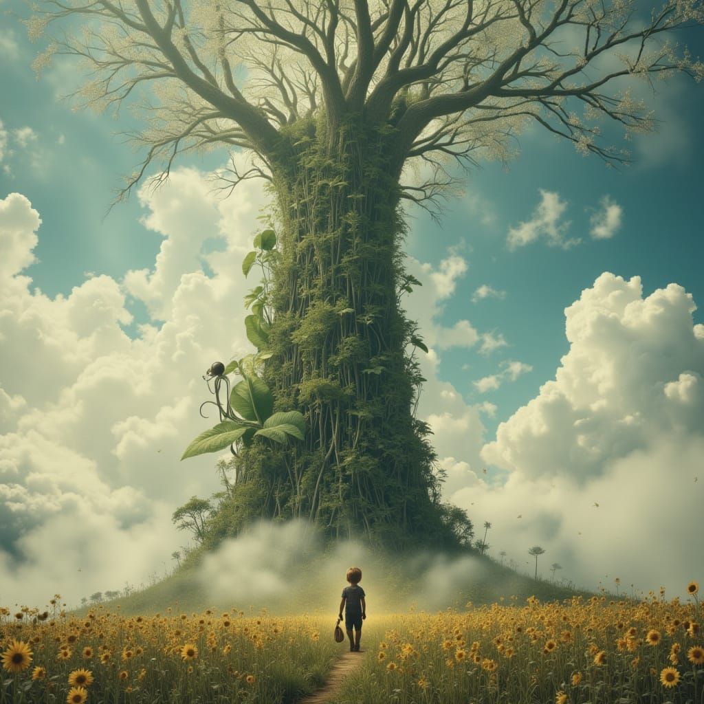 Boy Gazes Up At Giant Beanstalk Piercing Clouds