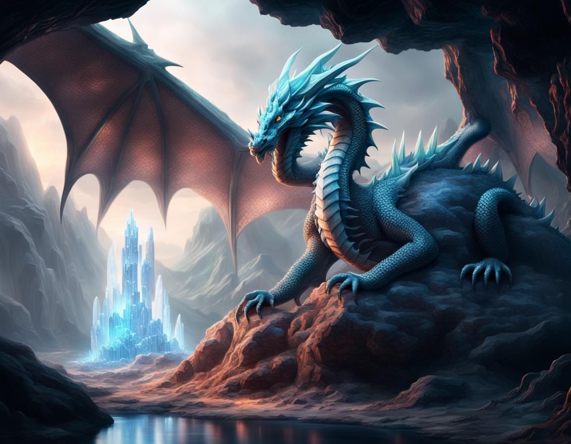 A crystal cave with a giant crystal dragon