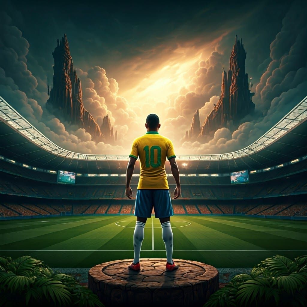 Brazilian Soccer Hero in Mystical Stadium, Digital Matte Pai...