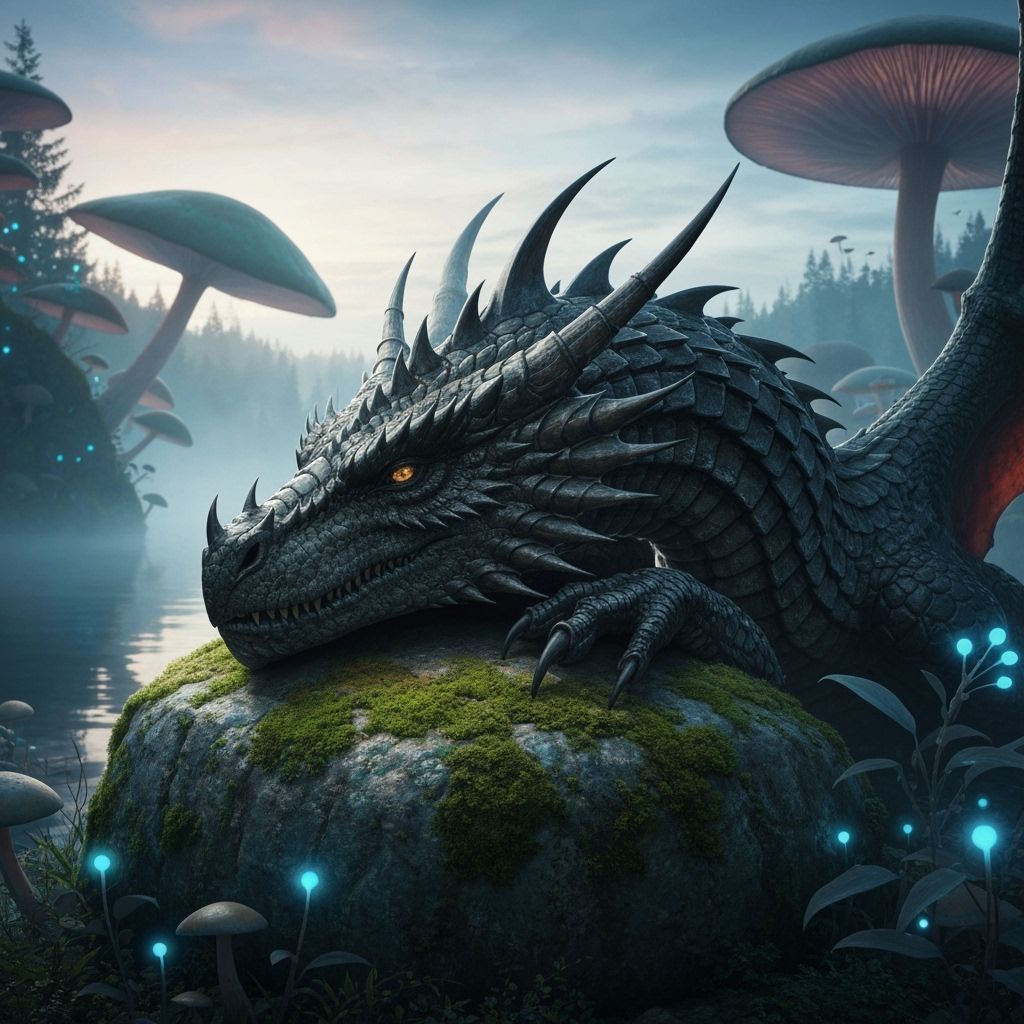 Obsidian Dragon Overlooking Bioluminescent Lake