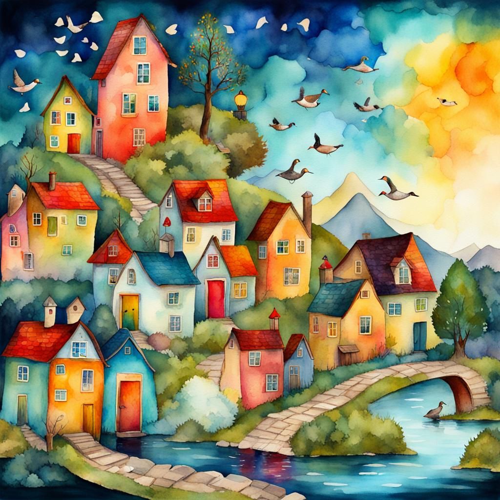 Whimsical Village Digital Watercolor Art