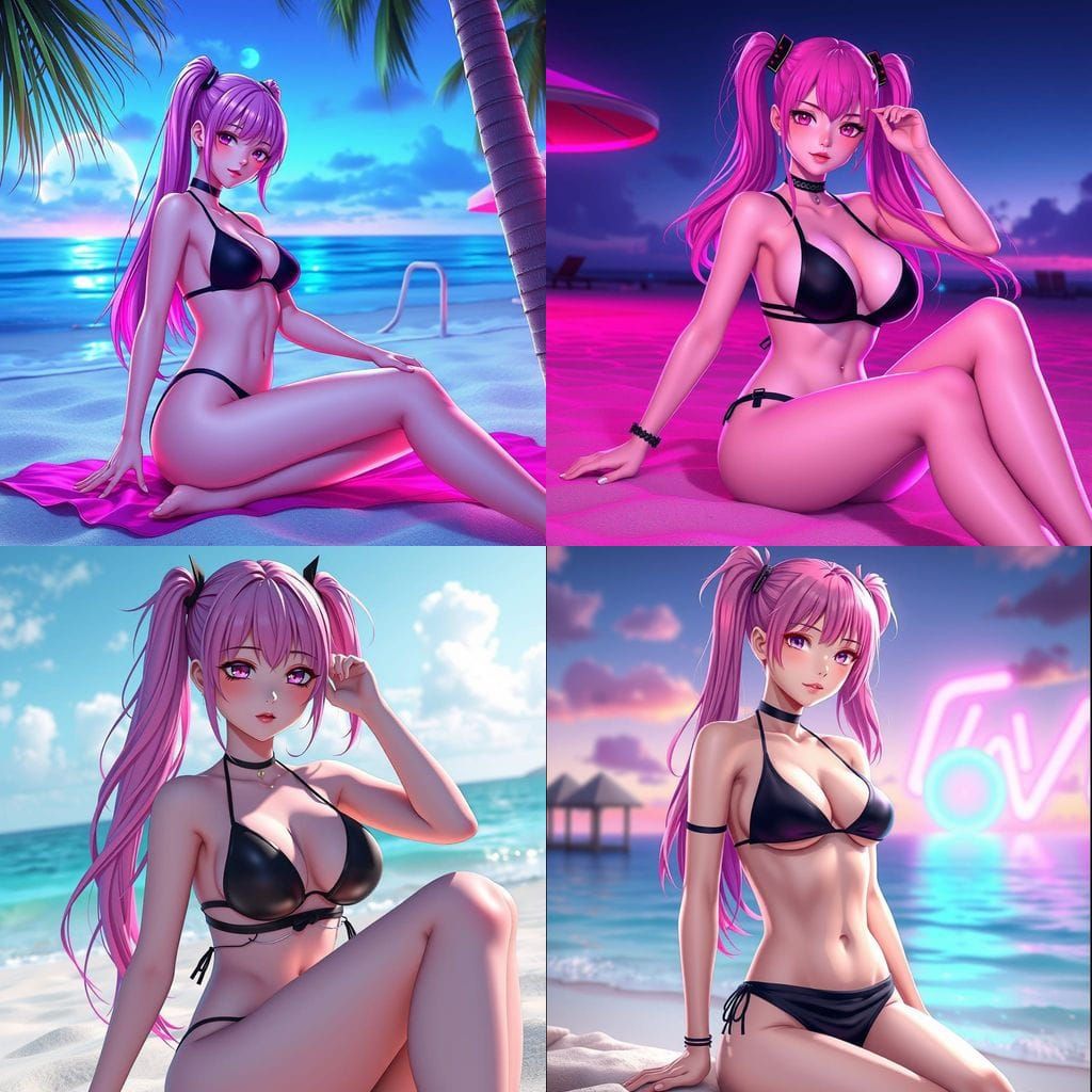Neon Anime Waifu on the Beach in 3D
