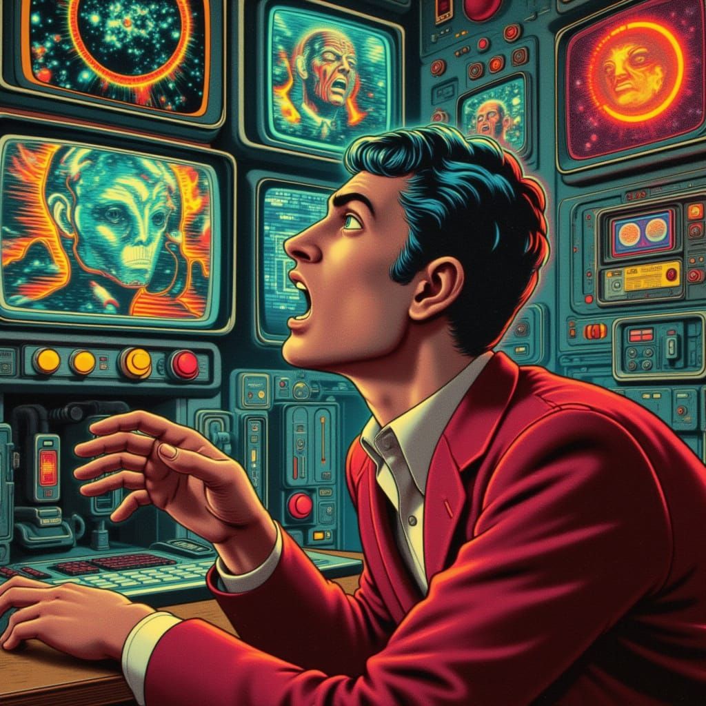 Man Overwhelmed by Emotional Control Panels in Retro-Futuris...