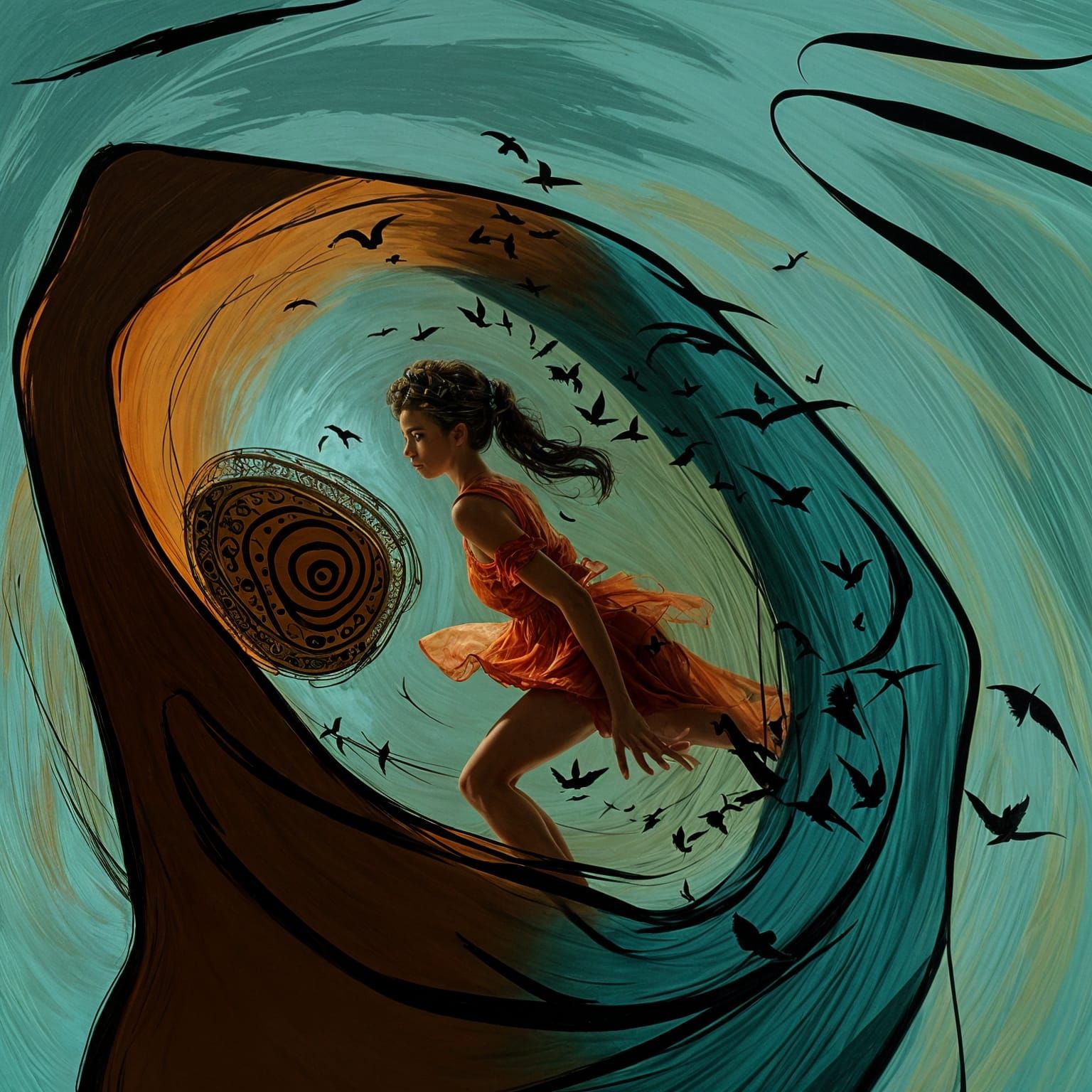 Young Woman Descends into Vibrant Orange Darkness