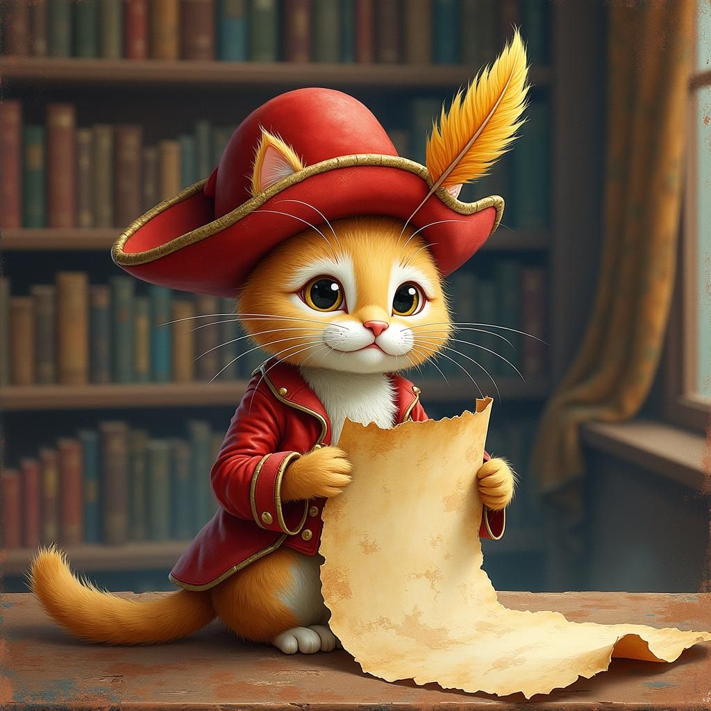 Pirate Cat in Library, Watercolor Illustration