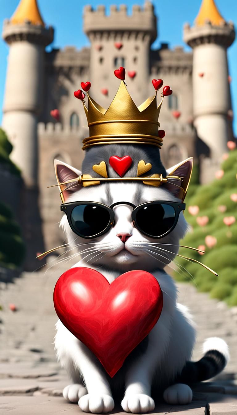 Cat in Castle Wearing Heart Crown and Shirt