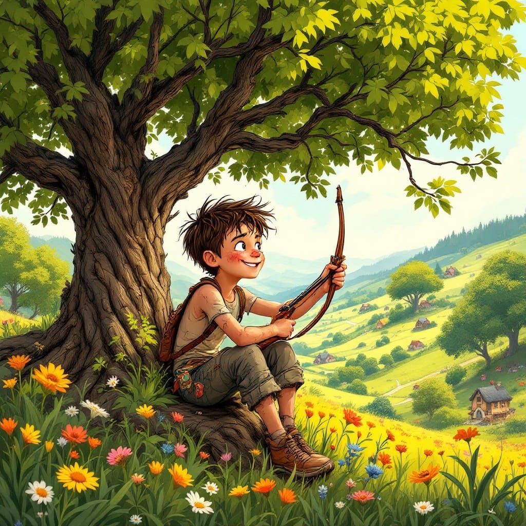 Whimsical Comic Illustration of a Happy Kid in a Treehouse