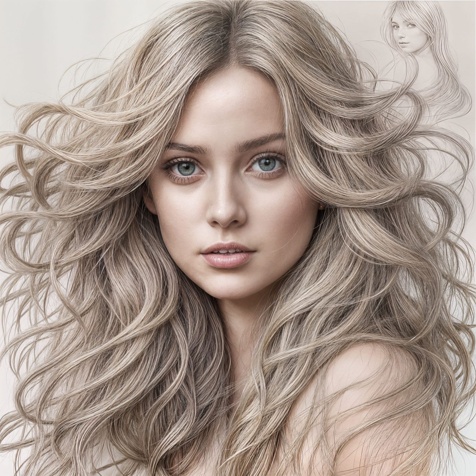 Pencil Sketch of a Girl with Flowing Blonde Hair