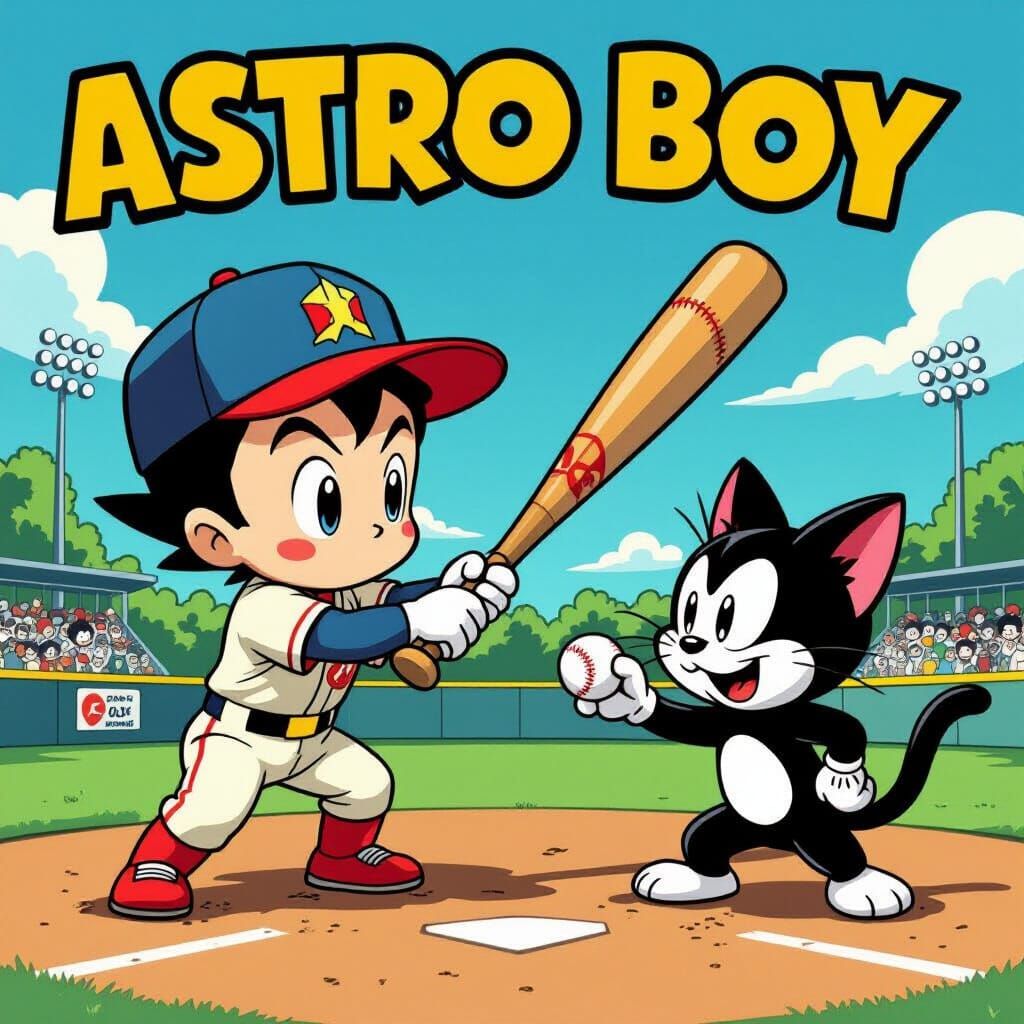 Astro Boy and Felix Play Baseball, 2D Cartoon Style