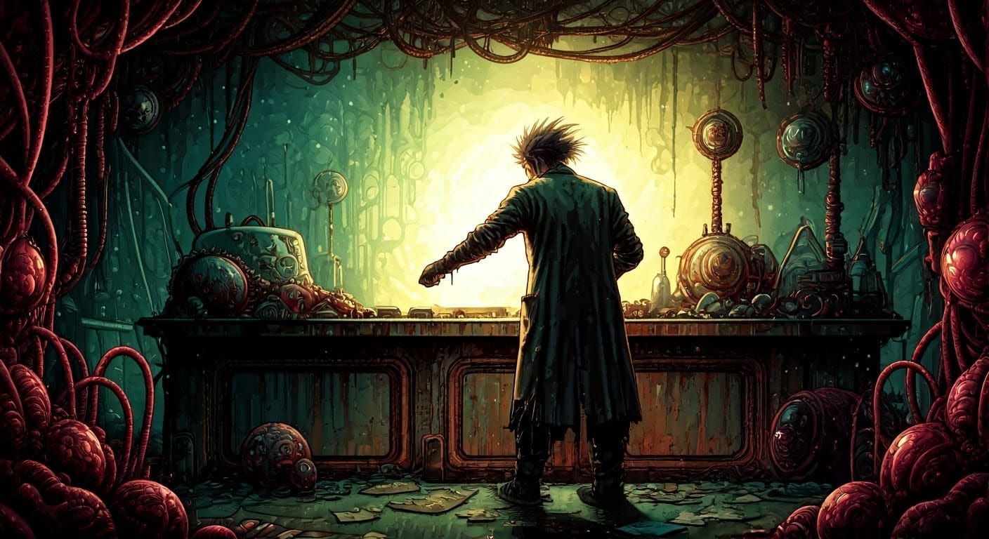 Mad Scientist in a Cyberpunk Laboratory of Chaos and Wonder