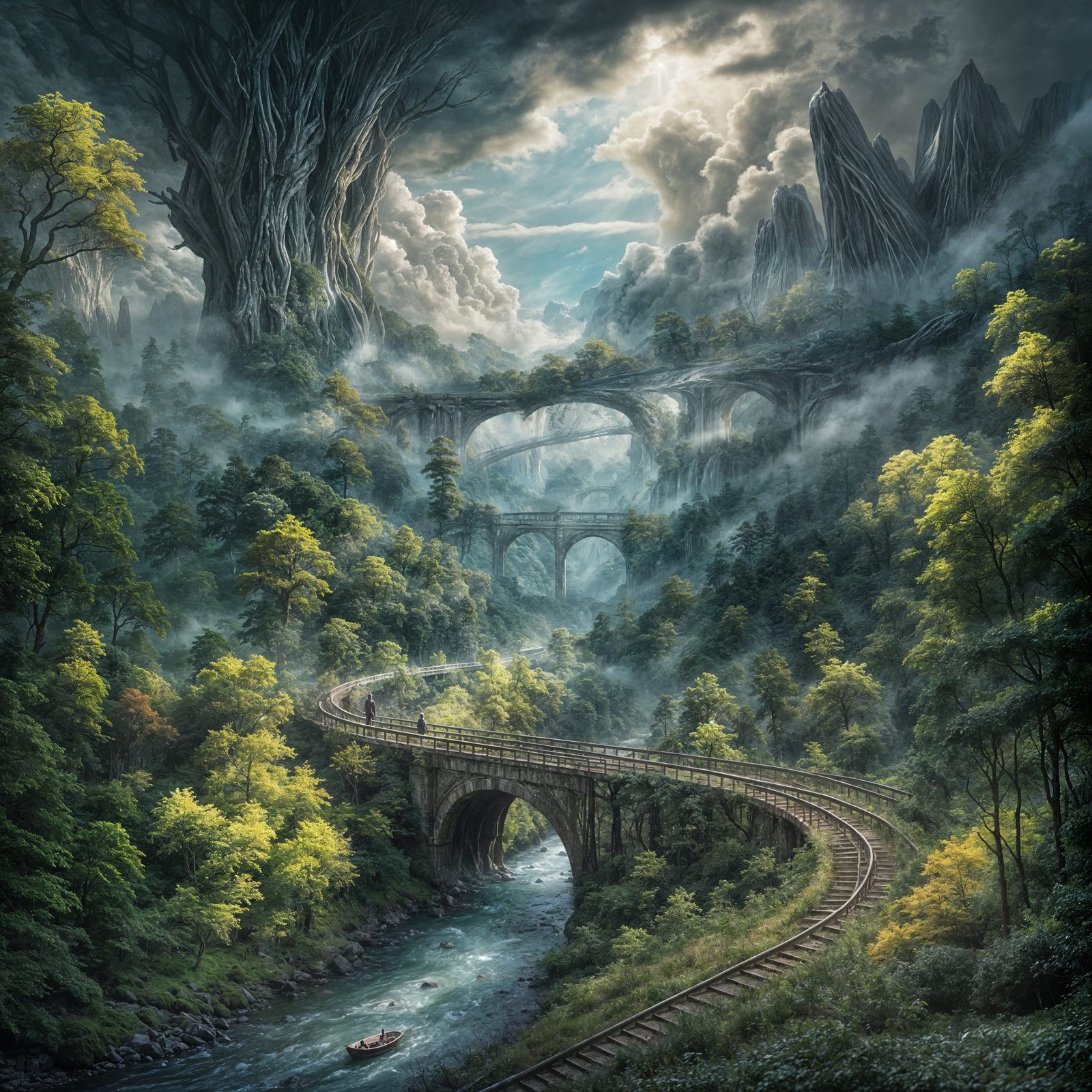 Ancient Forest River Scene with Train and Aircraft