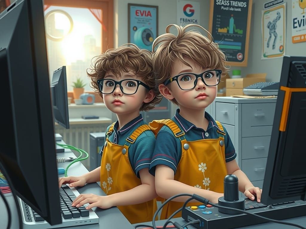 Cherubic Child Tech Pros in a Cluttered IT Geek Office