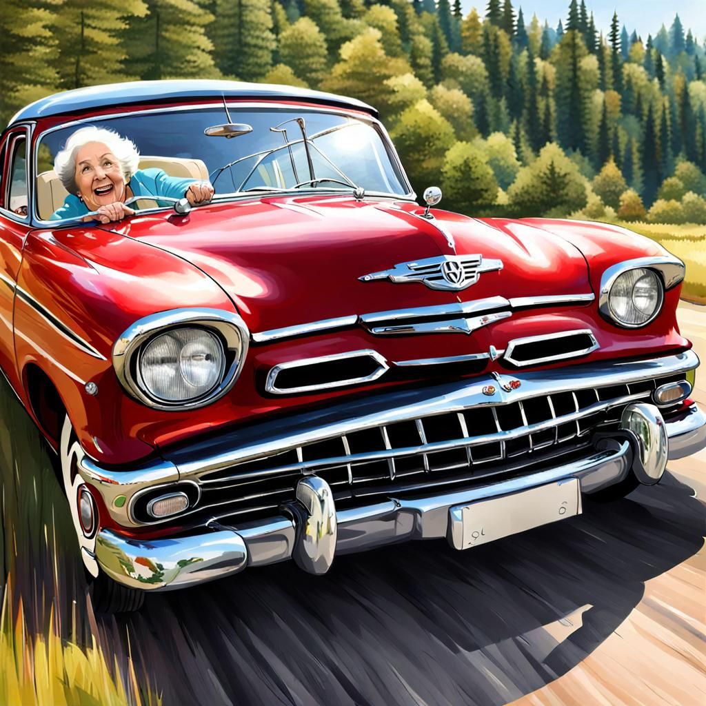 Humorous Image of Reckless Grandma Driving Old Car