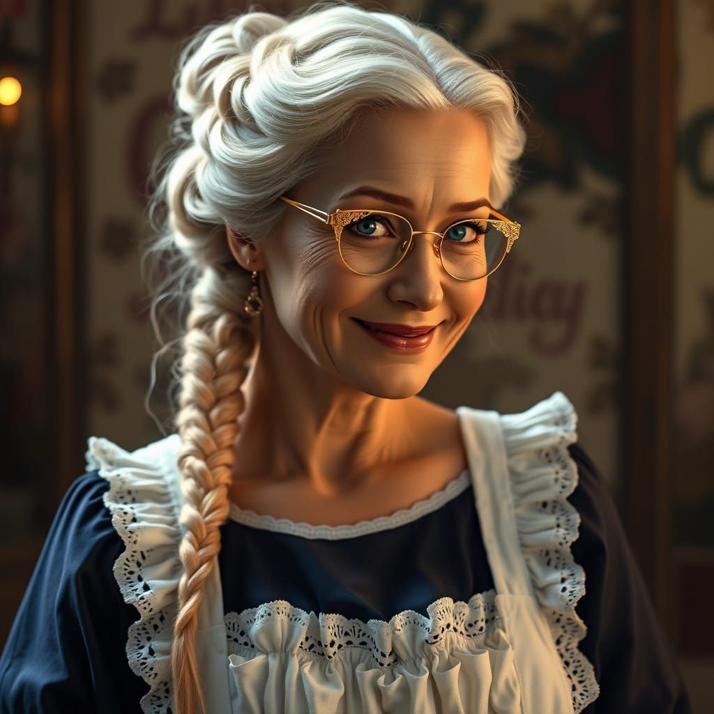 Elegant Lady in Ruffled Apron with Golden Braids