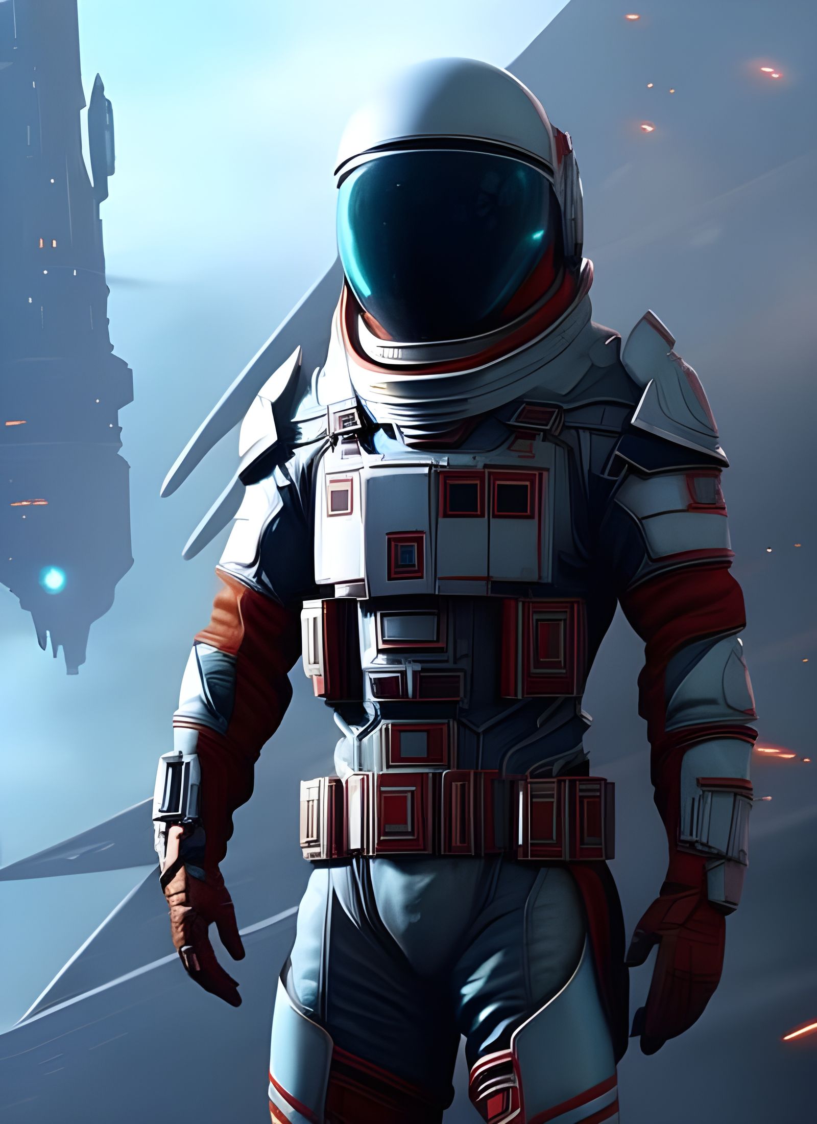 Man in Spacesuit Before Sci-Fi Spaceship