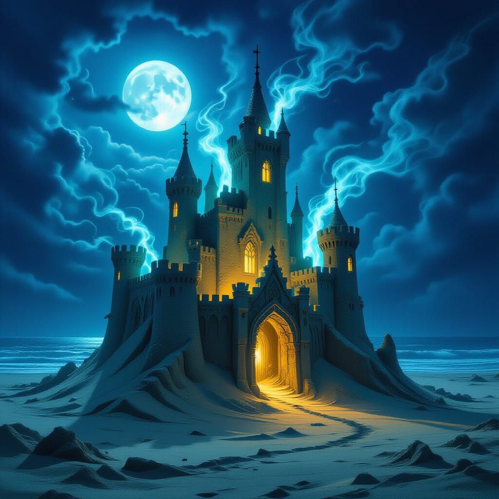 Haunted Sandcastle at Midnight in Dark Fantasy Style