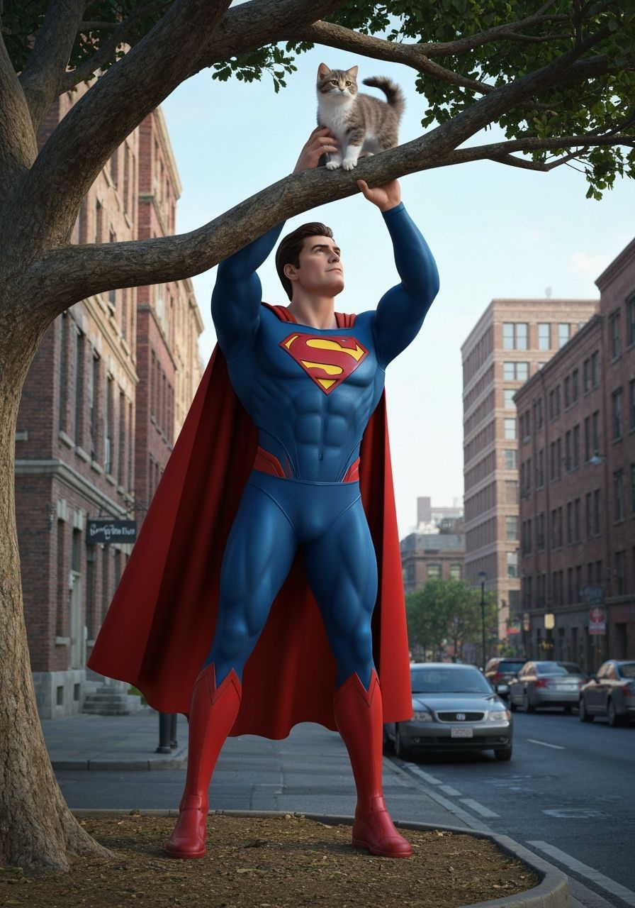 Superman Rescues Kitten From Tree in Urban Setting