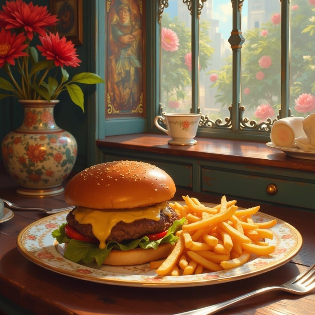 Cheeseburger and Fries in Sunny Cafe, Comic Style