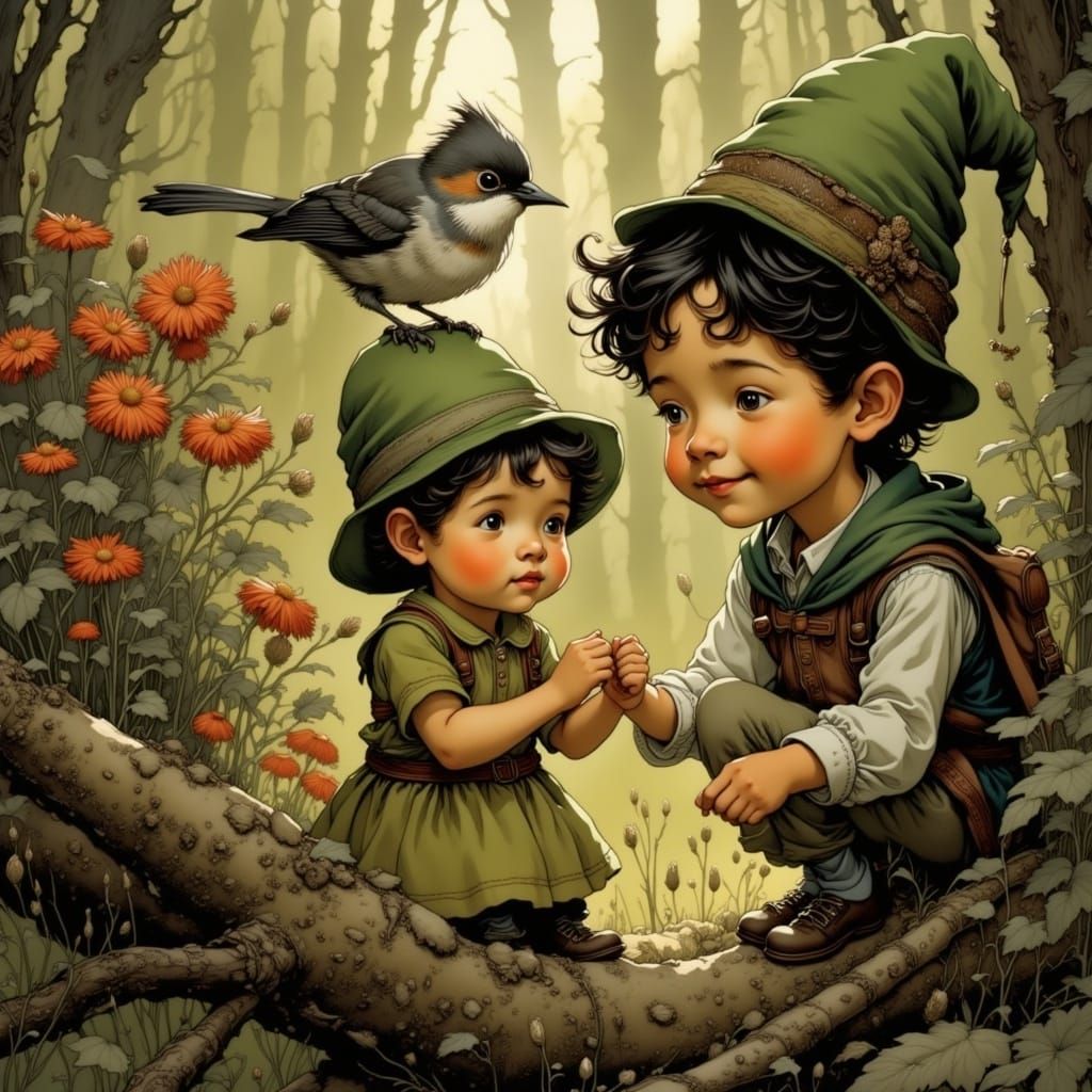 Gnomes Heal Bird in Storybook Illustration