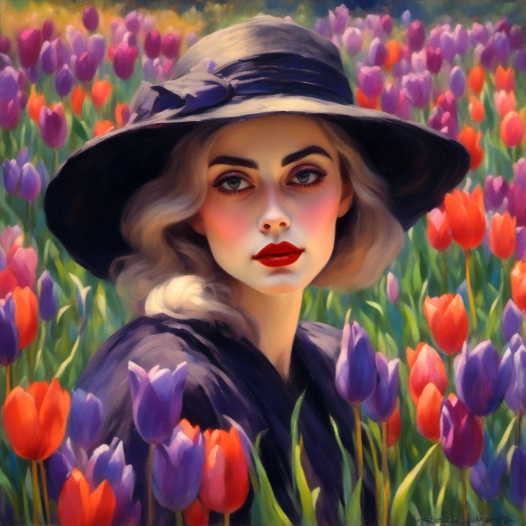 Goth Woman in Garden: Impressionist Chalk Pastel Portrait