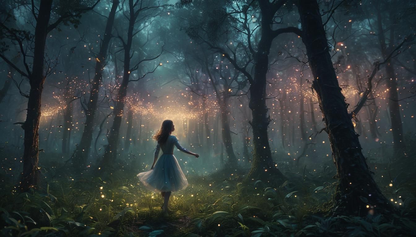 Ethereal Fantasy: Figure Dancing with Fireflies