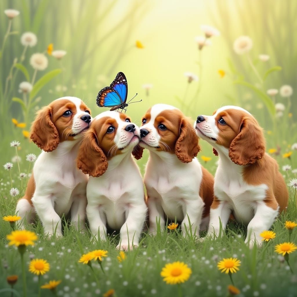 Cavalier King Charles Puppies Frolic in Dandelion Field