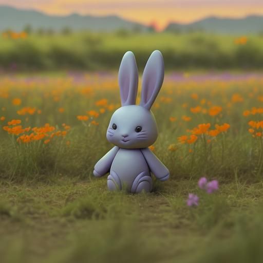 Clay Bunny in Field with Purple Sky