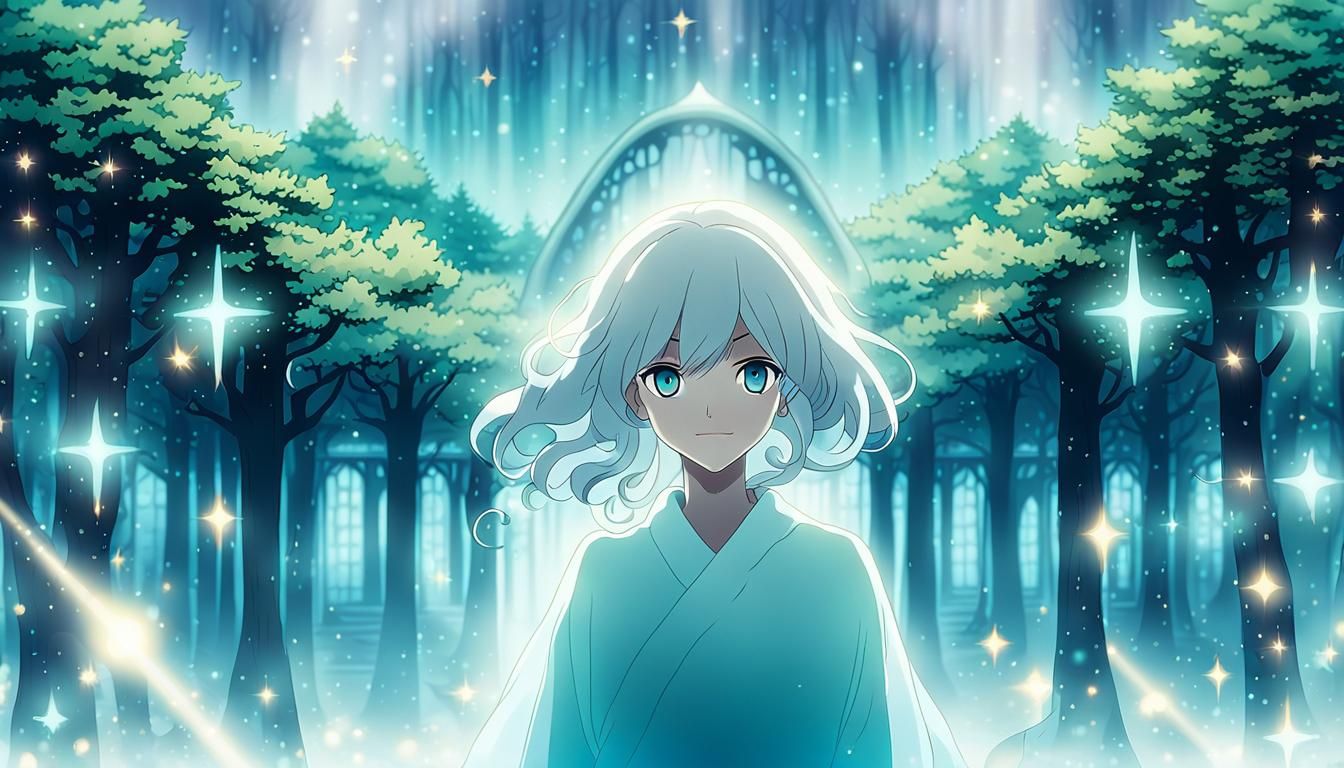 Anime Key Visual: Ghostly Woman in Teal Forest