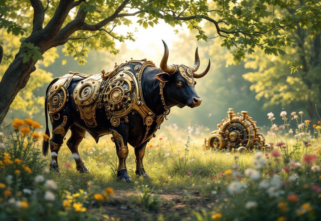 Steampunk Bull in Sun-Dappled Meadow