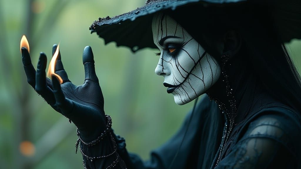 Gothic Witch Casting Hex with Cracked Porcelain Skin