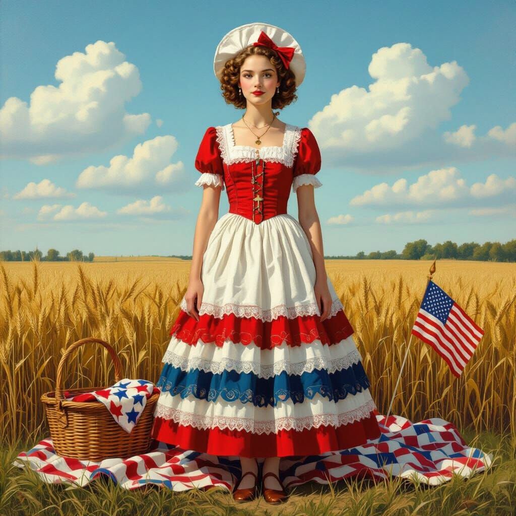 Colonial Woman in Wheat Field, Folk Art Style