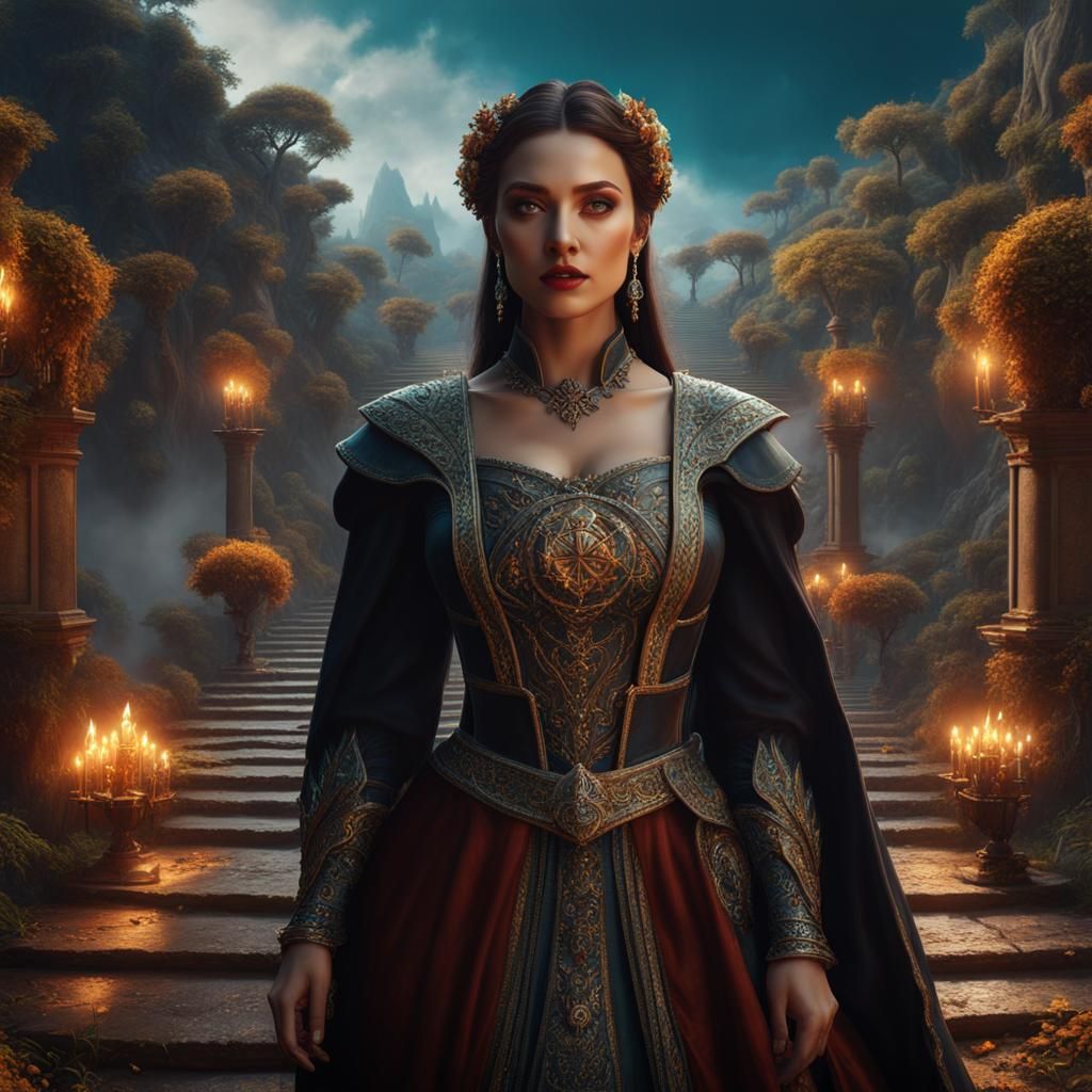 Beautiful woman in period costume standing in a fantasy land