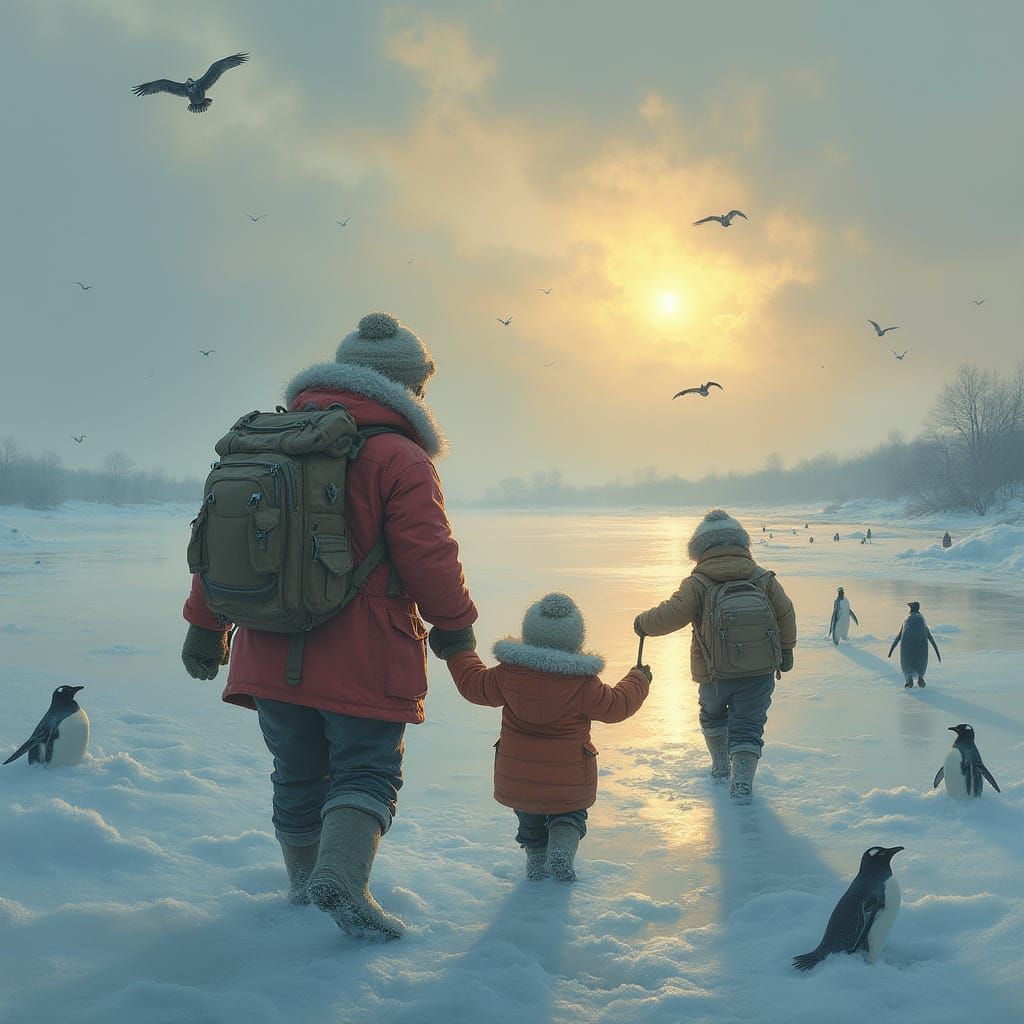 Family Fun on Frozen Lake: Atmospheric Winter Scene