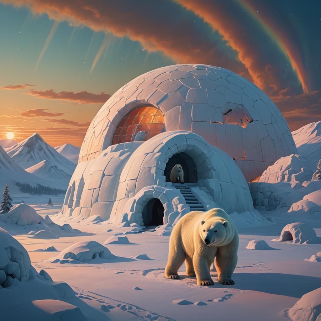 Polar Bear Near Igloo Under Northern Lights