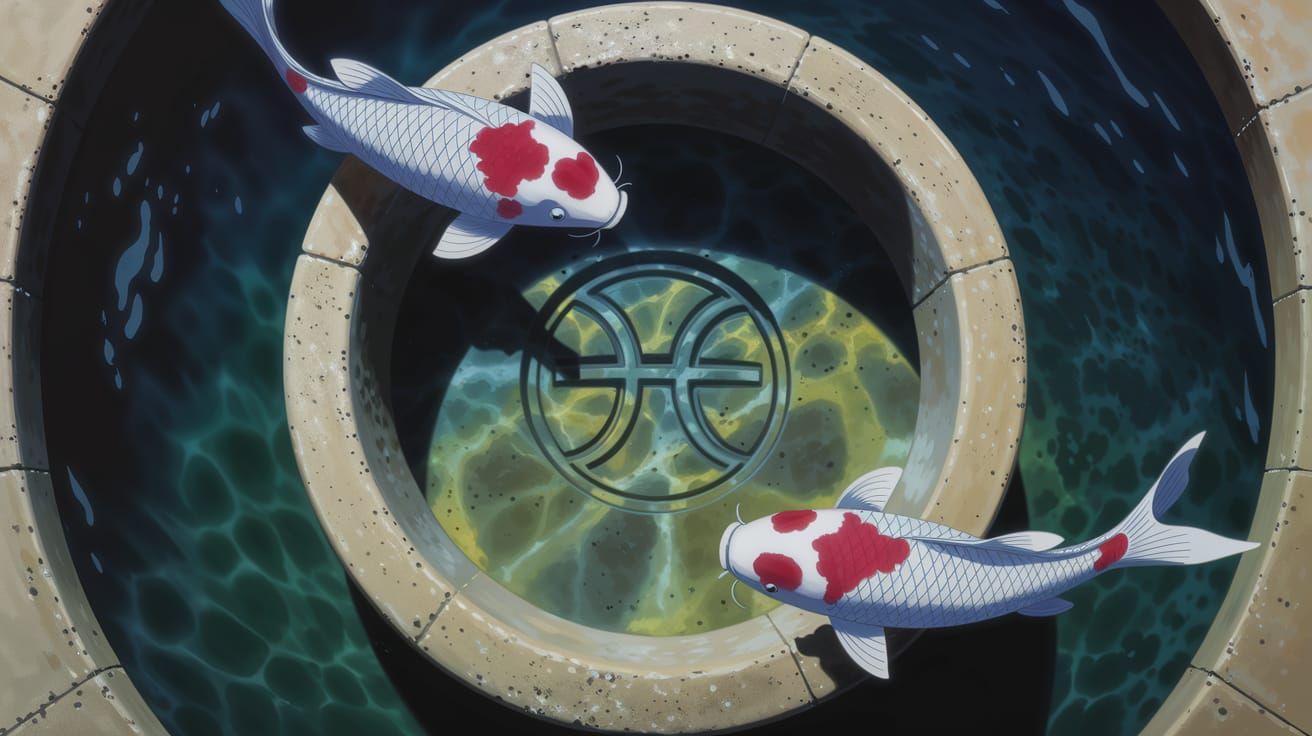 Surreal Underwater Scene with Koi Carps and Pisces Symbol in...